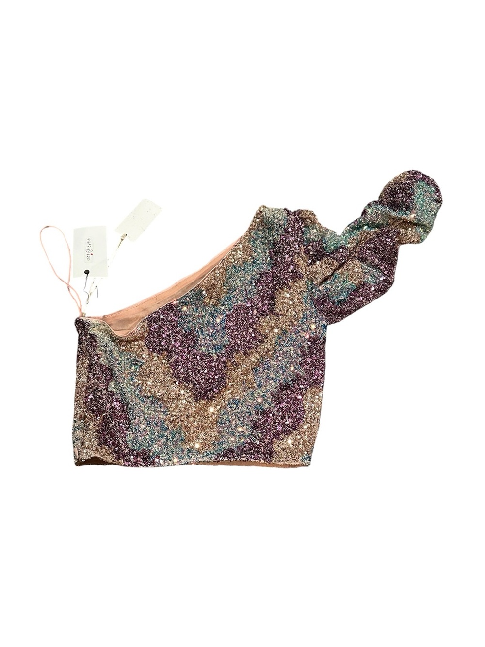 SAYLOR TESS one shoulder cropped long sleeve zigzag sequin stretch top multi XS - Picture 3 of 8